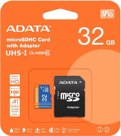 Карты памяти ADATA Premier AUSDH32GUICL10A1-RA1 microSDHC 32GB (с адаптером) [AUSDH32GUICL10A1-RA1]