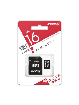 Карты памяти SmartBuy microSDHC (Class 10) 16 Гб + SD адаптер (SB16GBSDCL10-01)