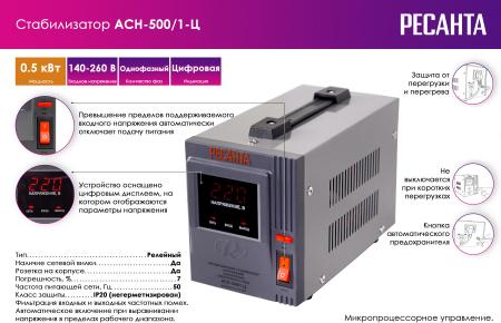 Стабилизаторы, сетевые фильтры, удлинители Ресанта АСН-500/1-Ц [63/6/1]