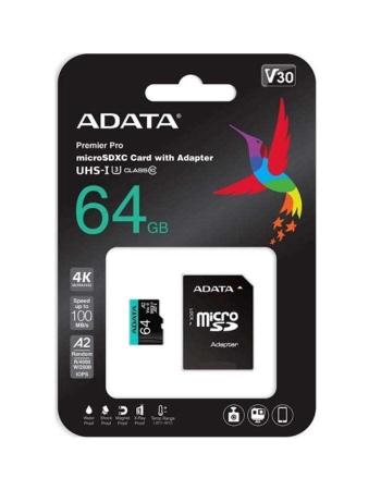 Карты памяти ADATA Premier Pro AUSDX64GUI3V30SA2-RA1 microSDXC 64GB (с адаптером) [AUSDX64GUI3V30SA2-RA1]