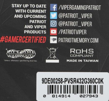 Оперативная память Patriot Viper Steel RGB 2x16GB DDR4 PC4-28800 PVSR432G360C0K [PVSR432G360C0K]