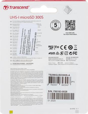 Карты памяти Transcend microSDXC 300S 256GB (с адаптером) [TS256GUSD300S-A]