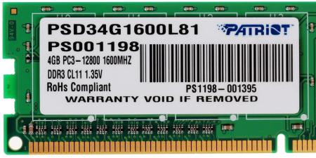 Оперативная память Patriot 4GB DDR3 PC3-12800 [PSD34G1600L81] [PSD34G1600L81]
