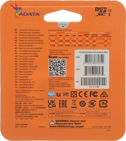 Карты памяти ADATA Premier Pro AUSDX256GUI3V30SA2-RA1 microSDXC 256GB (с адаптером) [AUSDX256GUI3V30SA2-RA1]
