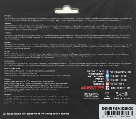 Оперативная память Patriot Viper Steel RGB 2x16GB DDR4 PC4-28800 PVSR432G360C0K [PVSR432G360C0K]