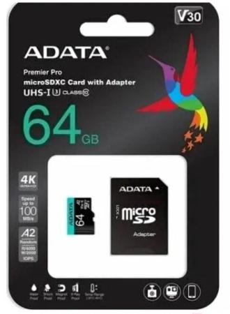 Карты памяти ADATA Premier Pro AUSDX64GUI3V30SA2-RA1 microSDXC 64GB (с адаптером) [AUSDX64GUI3V30SA2-RA1]